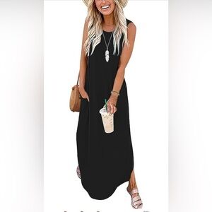CUPTACC Women's Long Dress Summer Maxi Sleeveless Casual Beach With Pockets L